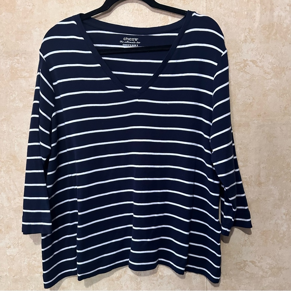 Chico's The Ultimate Tee Size 3 U.S. XL Navy White Striped 100% Pima Cotton - Picture 1 of 9